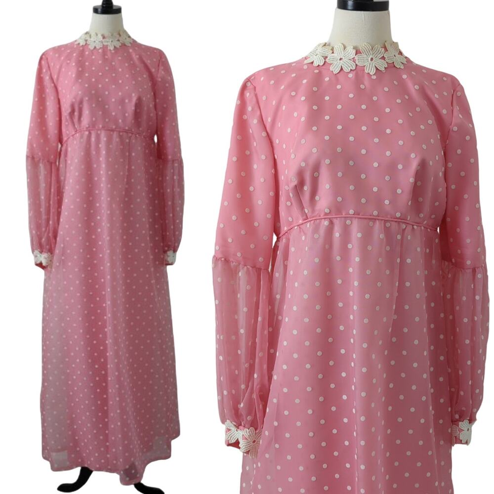 Vintage Women's Maxi Dress Small Medium Pink Polka Dot‎ Long Sleeve 1960s 1950s